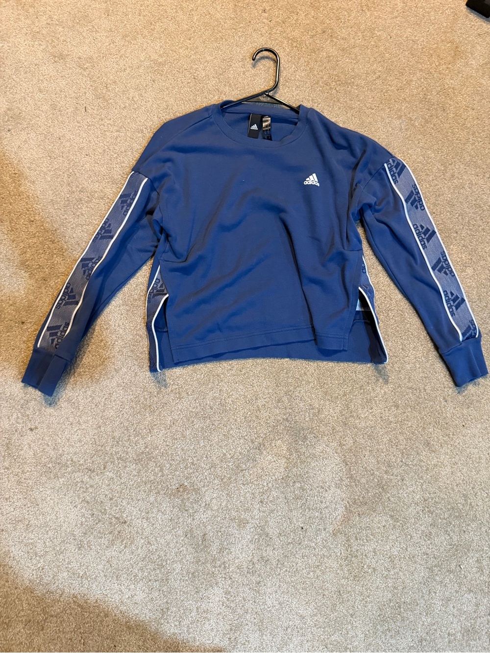 adidas Blue Crewneck Sweatshirt with Branded Neck Tags & Side Slits